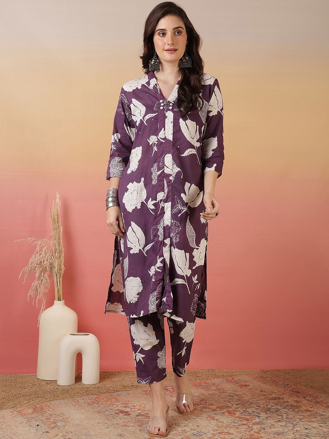 

Sangria Purple Floral Printed V Neck Mirror Work Pure Cotton Kurta With Trousers