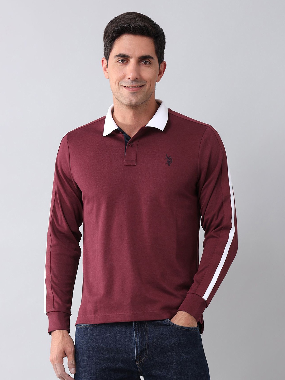 

U.S. Polo Assn. Denim Co. Men Striped Polo Collar Cotton Slim Fit T-shirt, Maroon