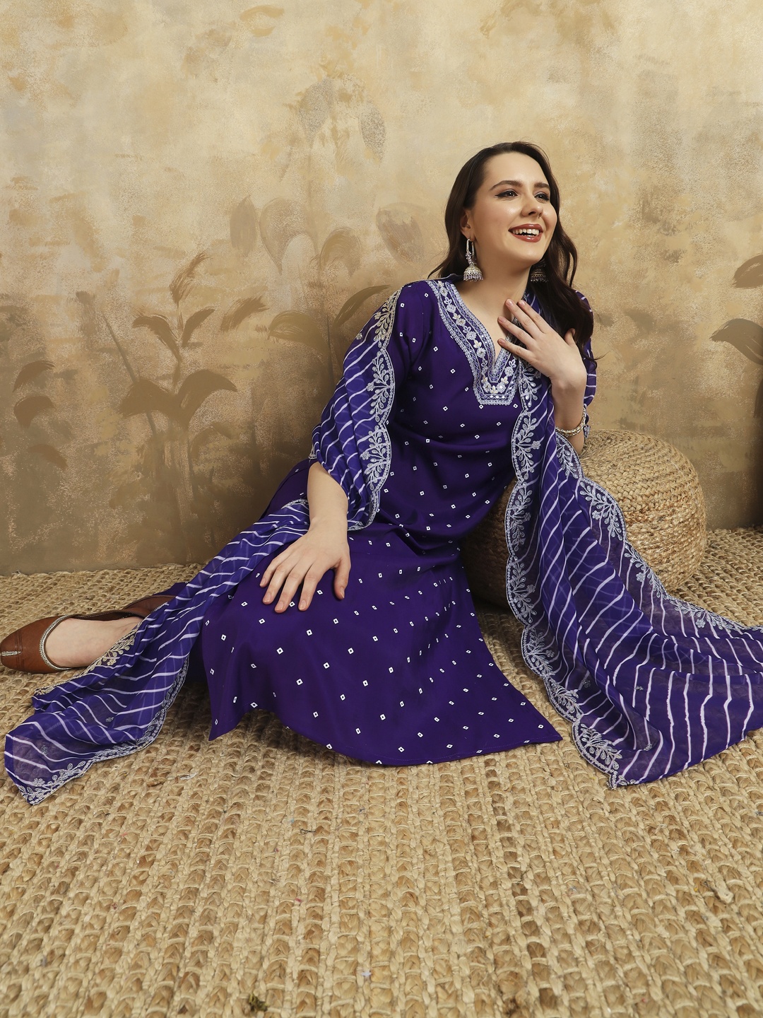 

KALINI Women Bandhani Embroidered Empire Thread Work Chanderi Silk Kurta with Trousers & With Dupatta, Purple