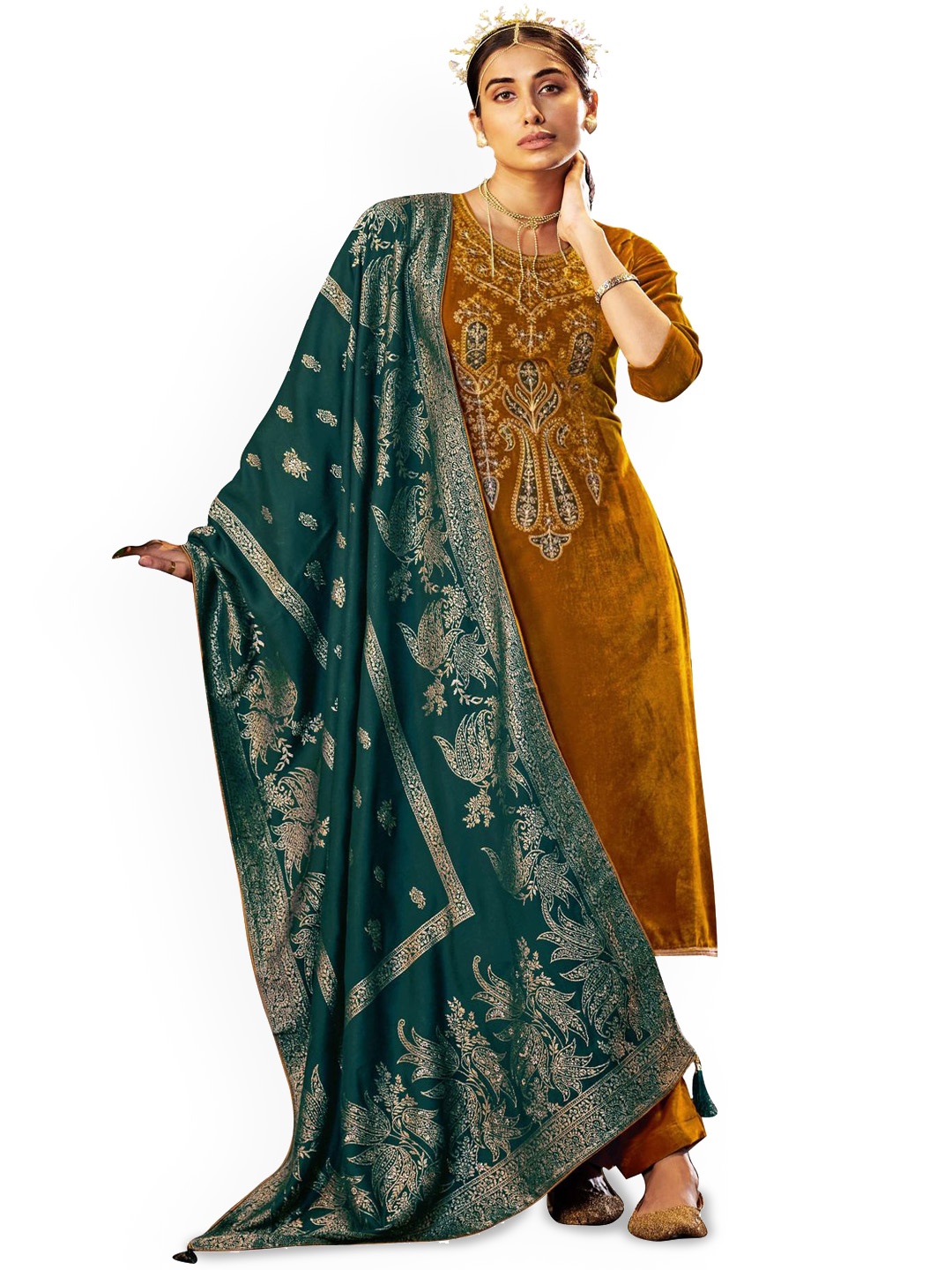 

DRAVINAM Trends Ethnic Motifs Embroidered Unstitched Dress Material, Mustard