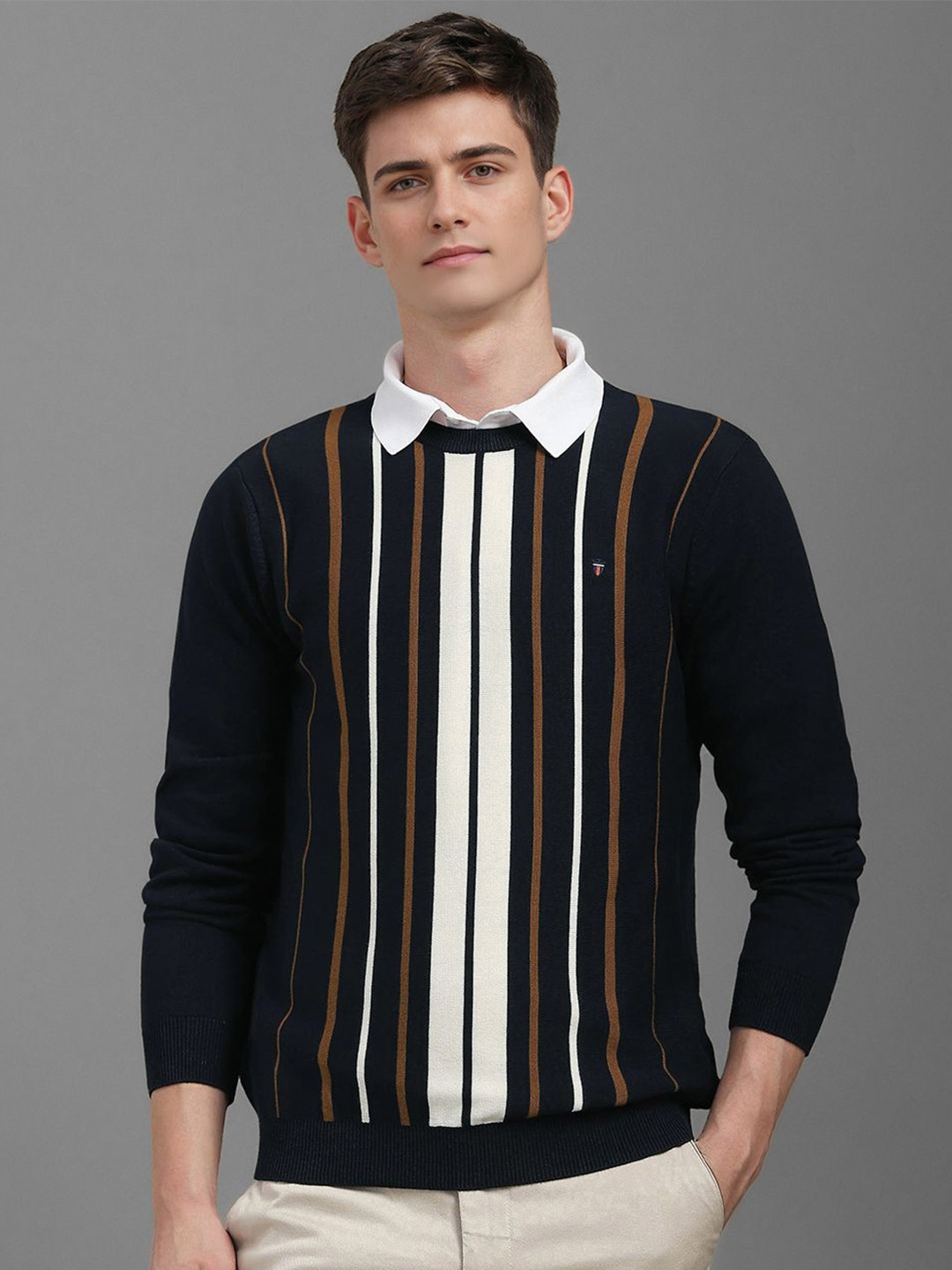 

Louis Philippe Sport Men Striped Pure Cotton Pullover Sweater, Black