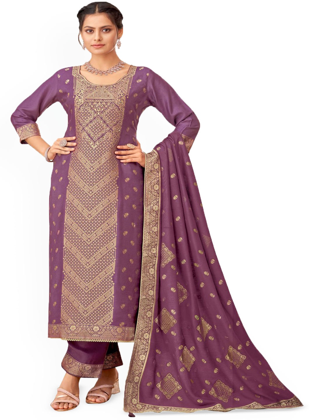 

DRAVINAM Trends Ethnic Motifs Woven Pashmina Unstitched Dress Material, Purple