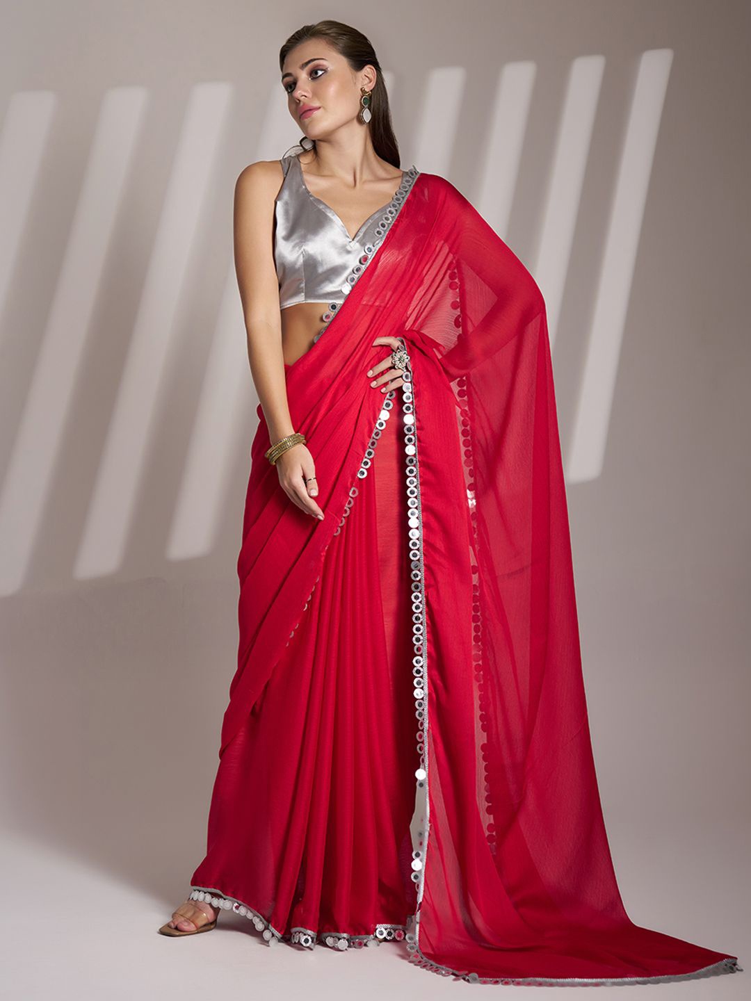 

Kalista Sequinned Pure Chiffon Saree, Red