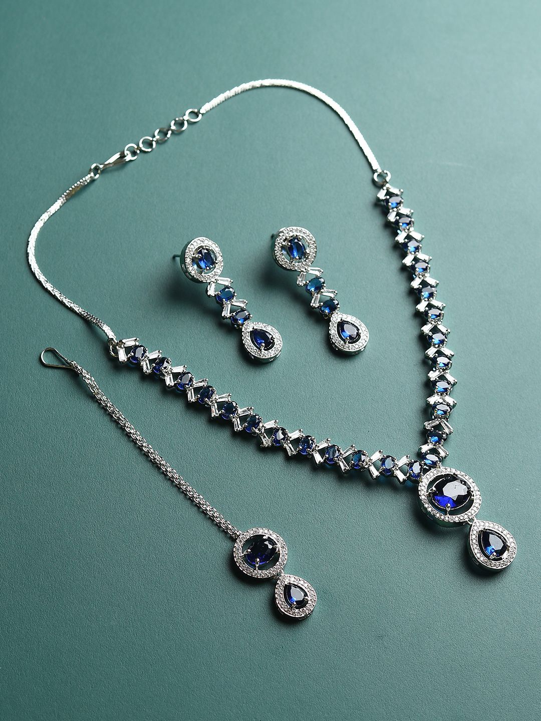 

RHOSYN Rhodium-Plated CZ American Diamond Stone Studded Jewellery Set, Silver