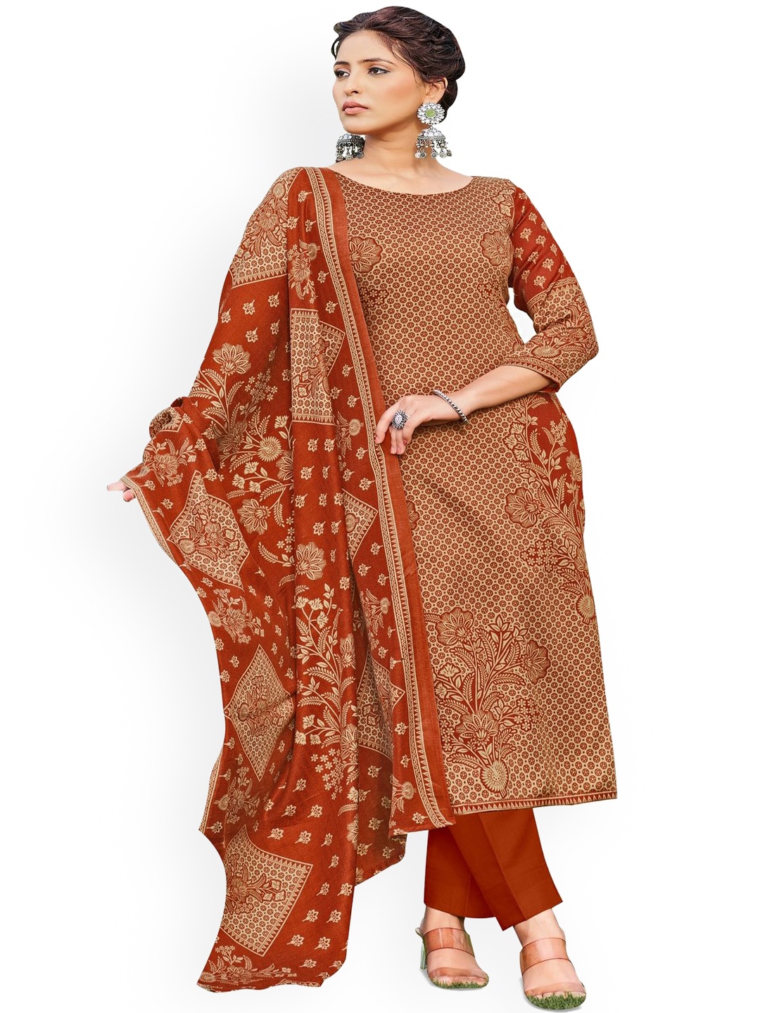 

DRAVINAM Trends Floral Printed Pashmina Unstitched Dress Material, Rust