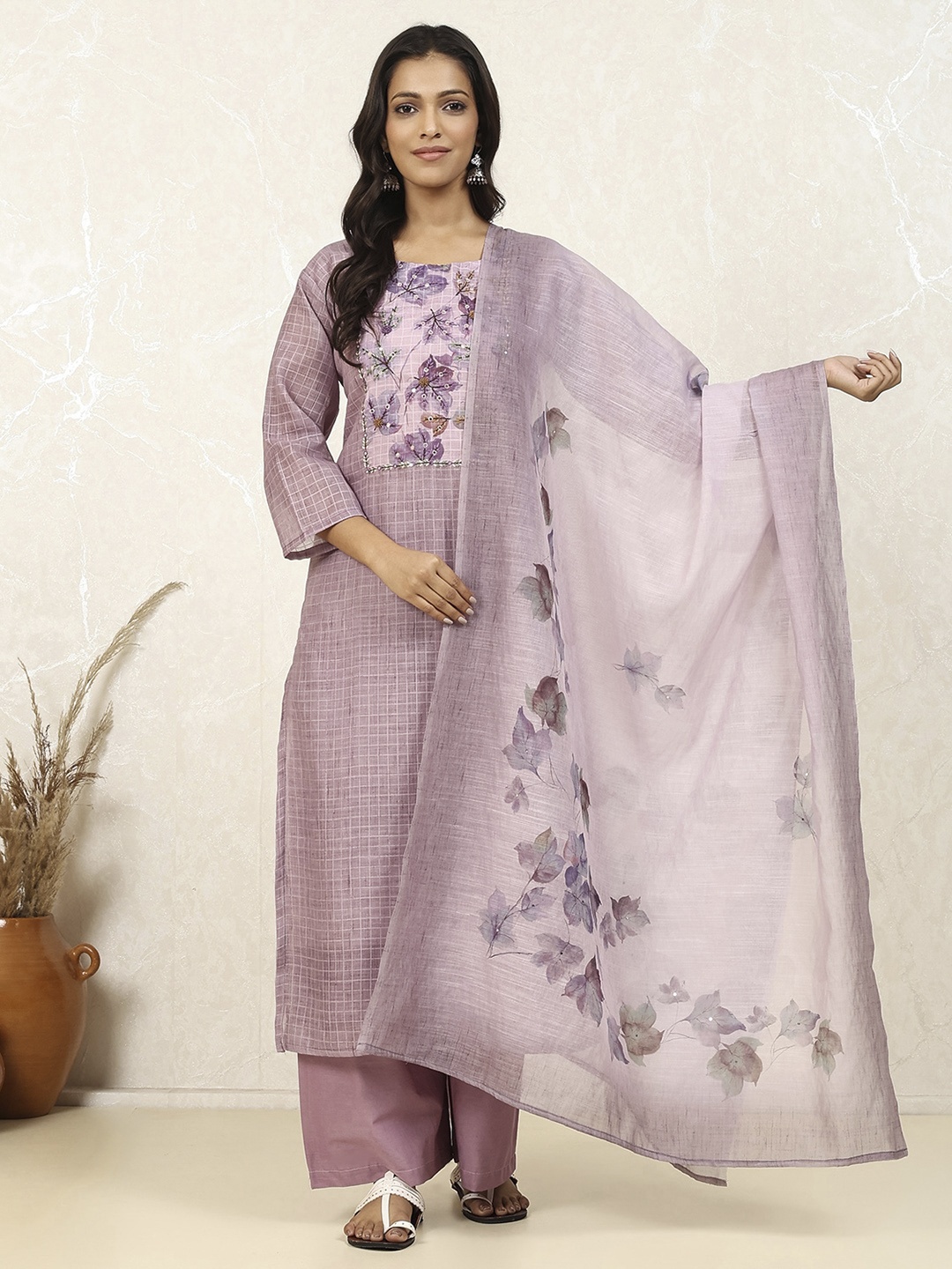 

Biba Geometric Printed Thread Embroidered Unstitched Dress Material, Purple