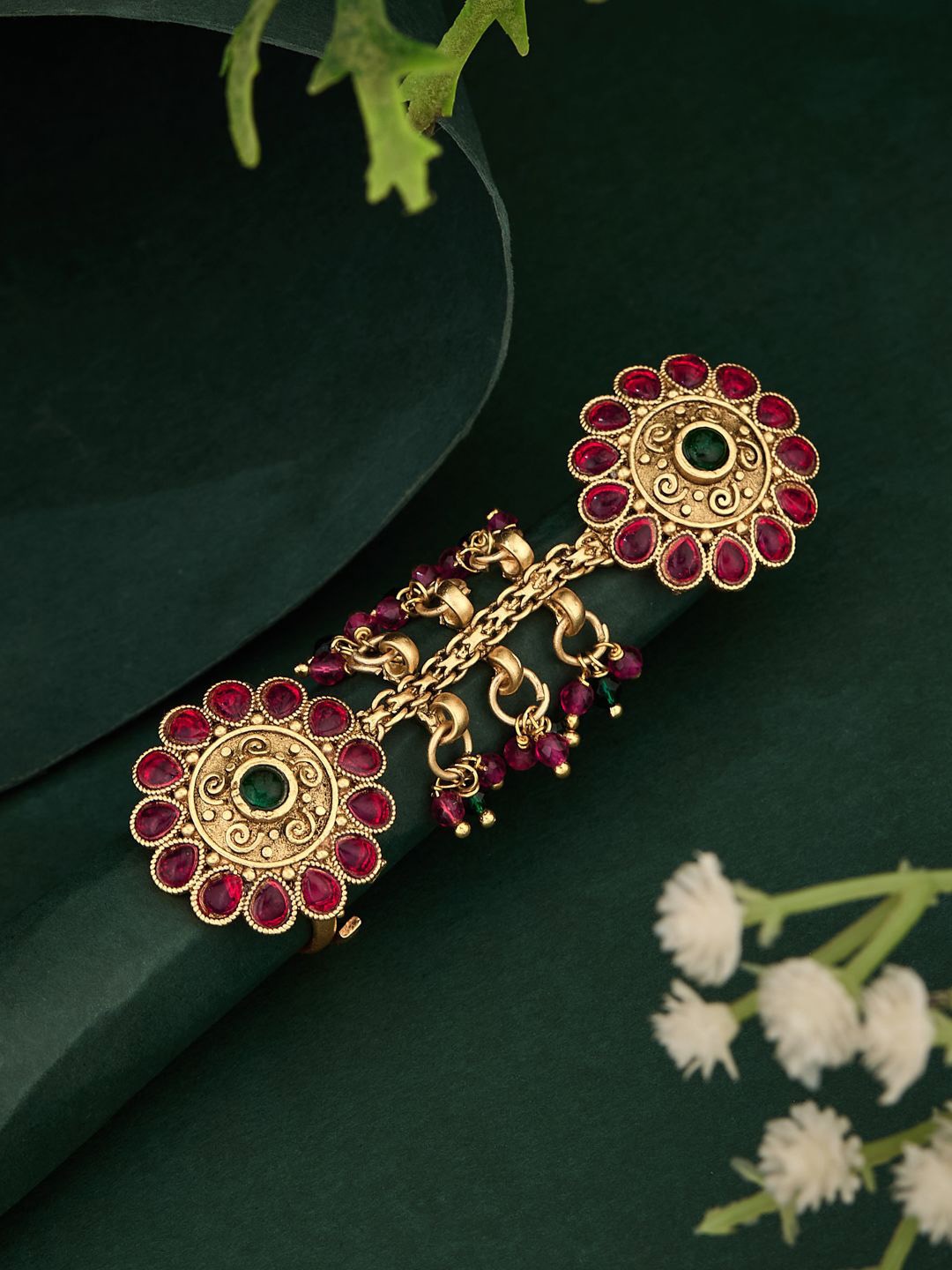 

ATIBELLE Gold Plated Artificial Stone Studded And Beaded Floral Shaped Finger Ring