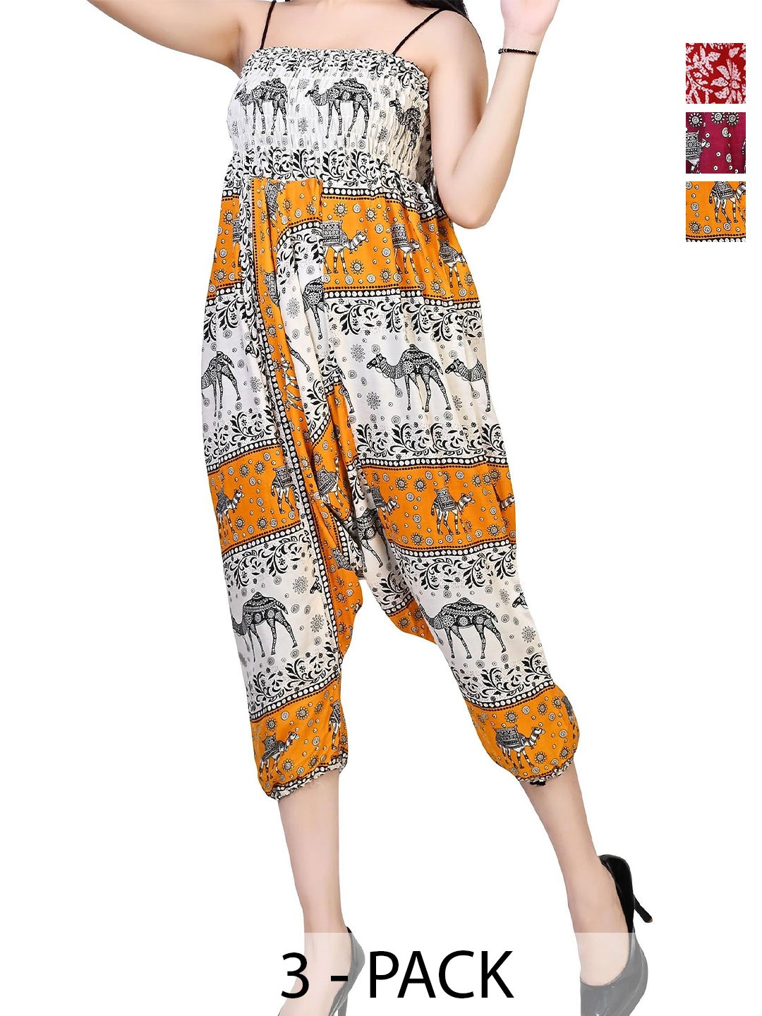 

NarNari Women Pack Of 3 Printed Mid-Rise Harem Pants, Yellow