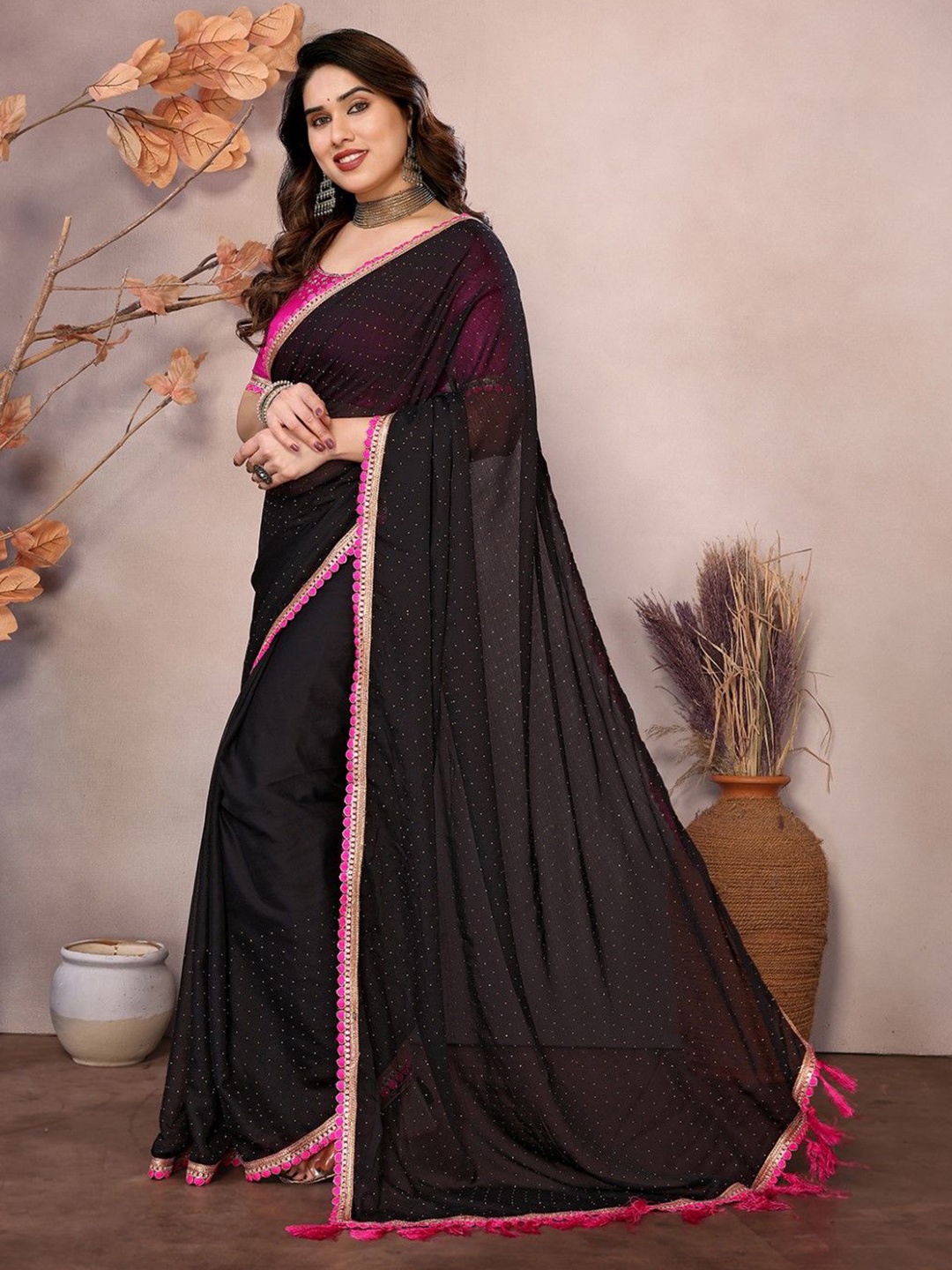 

KALINI Polka Dot Poly Georgette Saree, Black