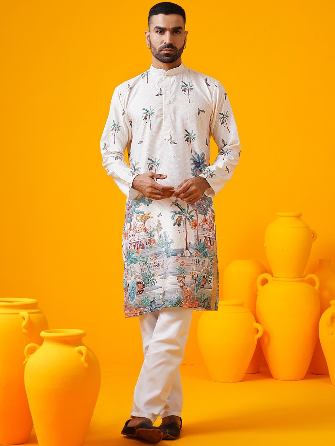 

SOJANYA Ethnic Motifs Printed Mandarin Collar Sequinned Straight Kurtas, Cream
