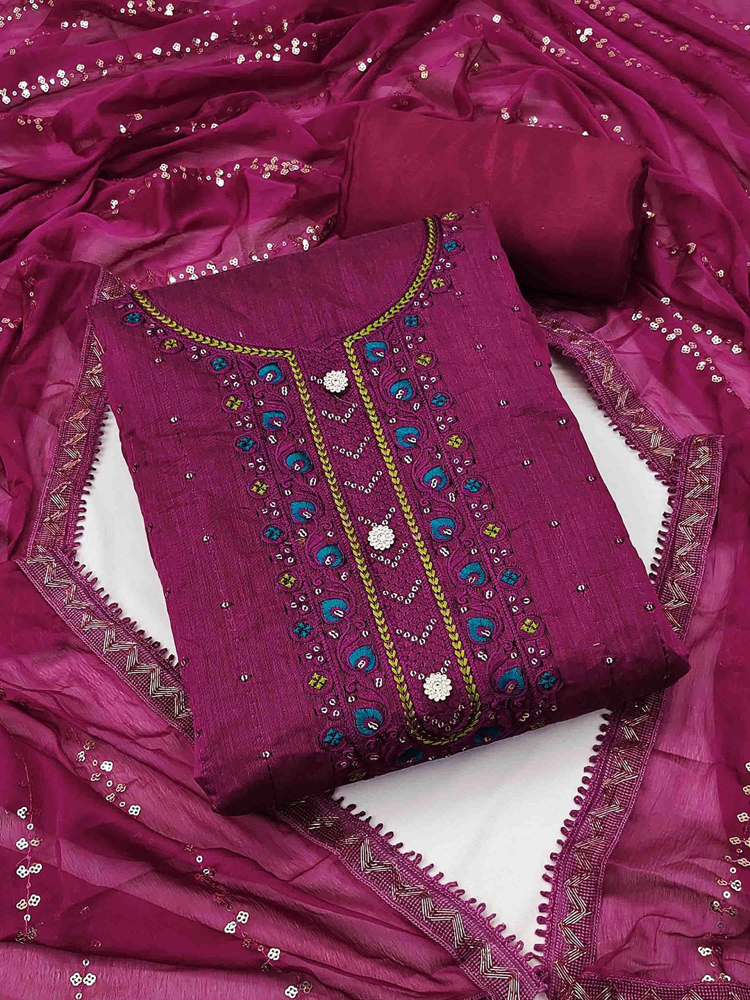 

KALINI Embroidered Unstitched Dress Material, Purple