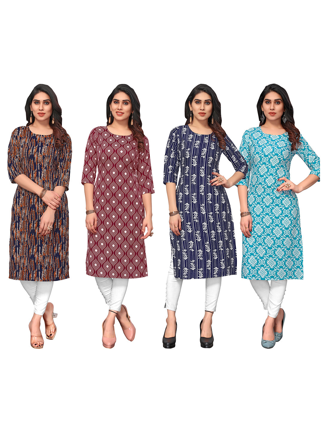 

KETAKI FASHION Selection Of 4 Floral Printed Round Neck Straight Kurtas, Blue
