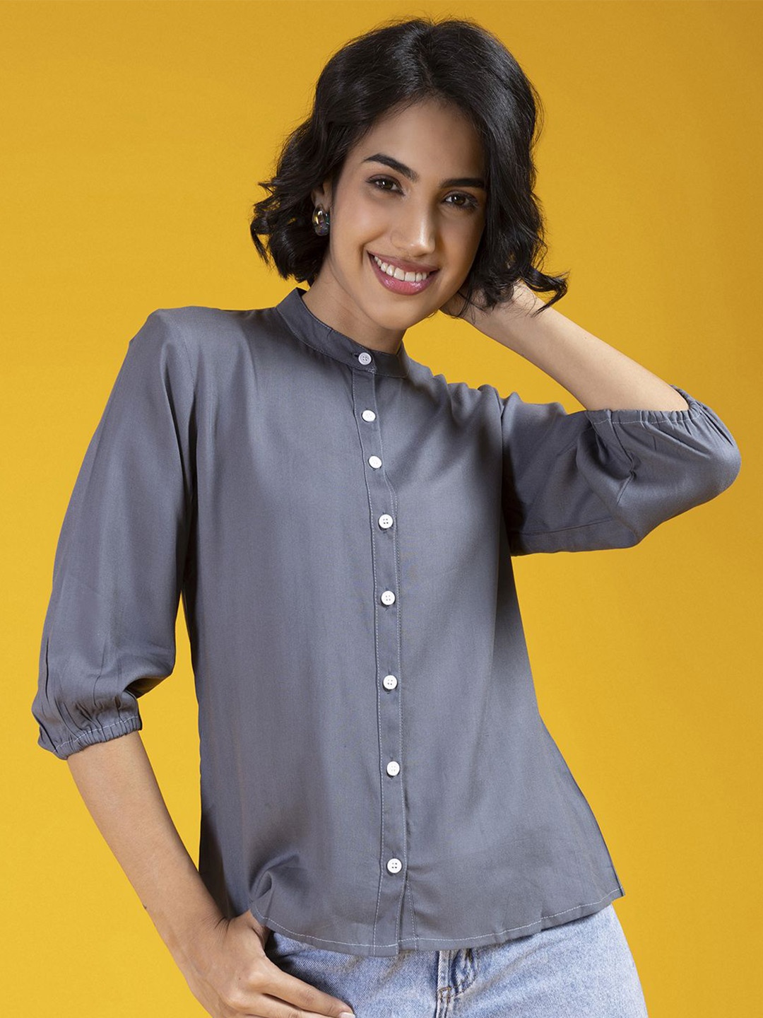 

TIKODI Women Mandarin Collar Puff Sleeves Shirt Style Top, Grey