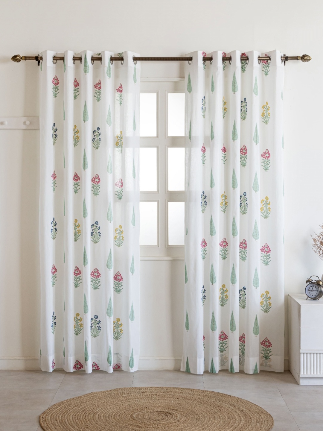 

Clasiko White & Green Set of 2 Ethnic Motifs Sheer Window Curtain