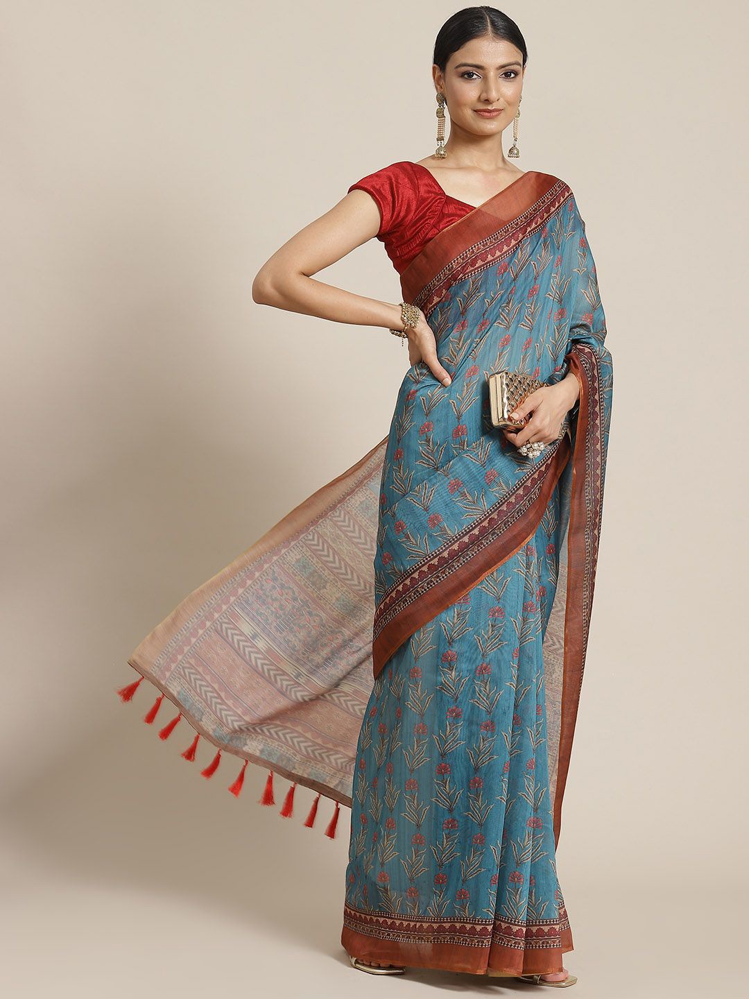 

DIVASTRI Digital Printed Kalamkari Chanderi Cotton Saree With Tassels, Teal