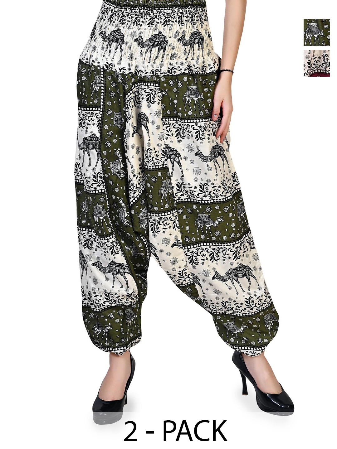 

NarNari Women Pack Of 2 Printed High Rise Harem Pants, White