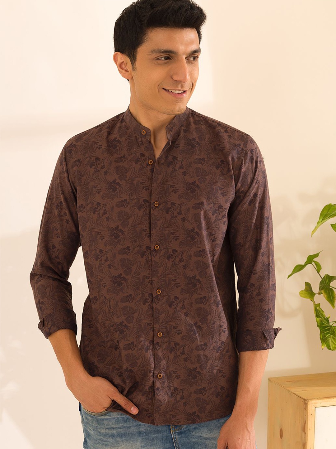 

Mculine Men Standard Floral Opaque Printed Casual Shirt, Brown