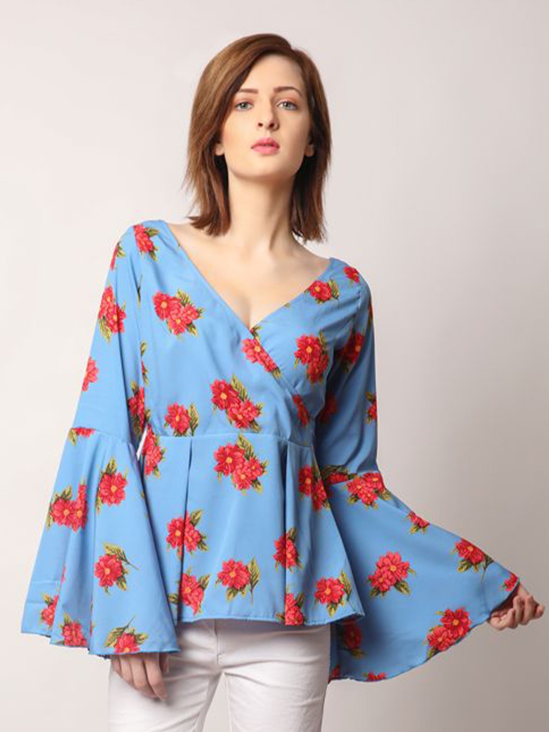 

DELIS Floral Print Bell Sleeve Georgette Top, Blue