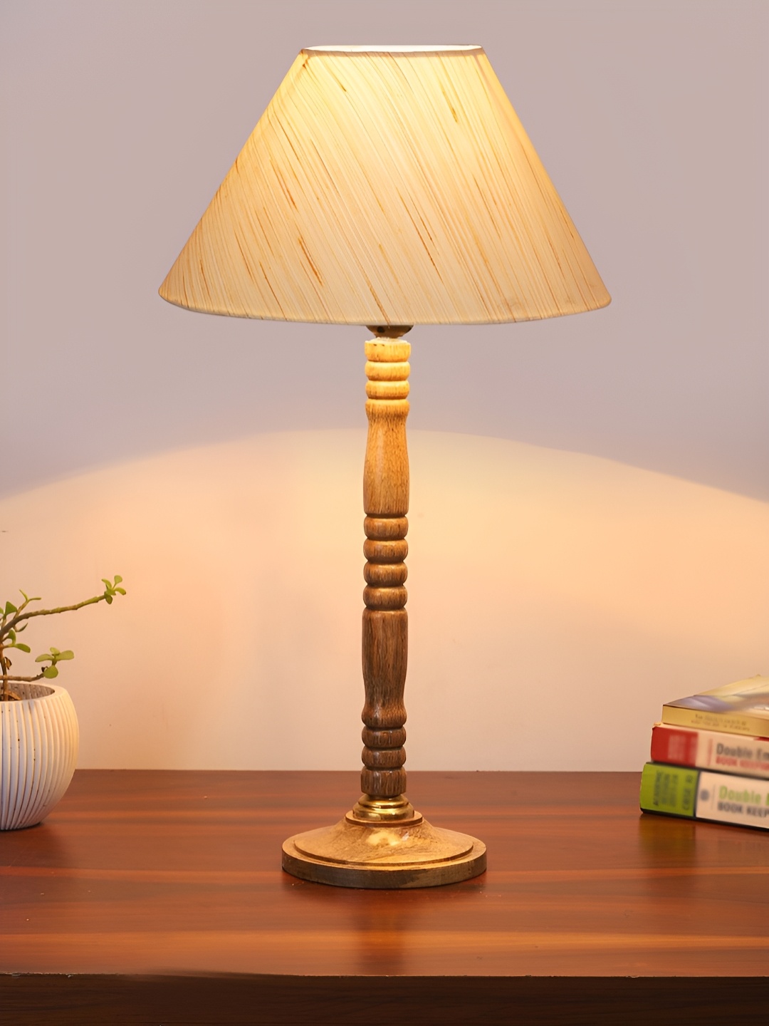 

Devansh Off White and Brown Wooden Frusturical Shaped Table Lamp