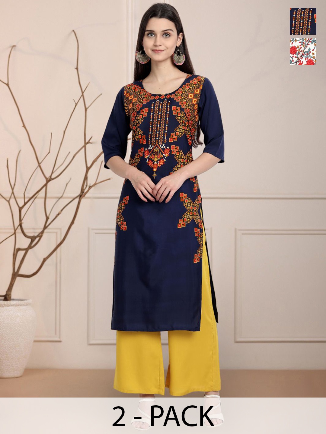 

Moda Rapido Navy Blue Selection Of 2 Geometric Printed Round Neck Straight Kurtas