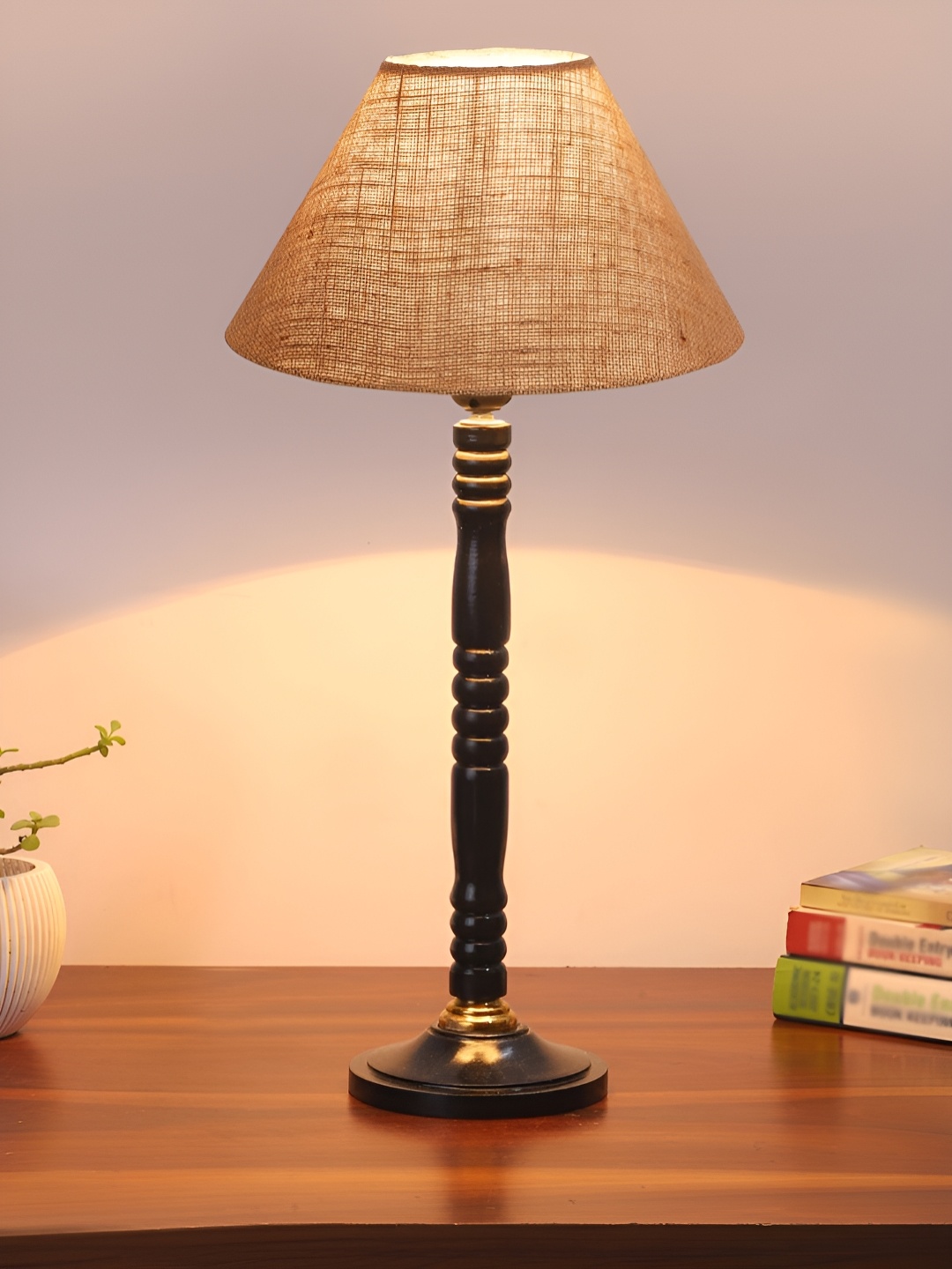

Devansh Beige & Black Wooden Frustum Shaped Table Lamp
