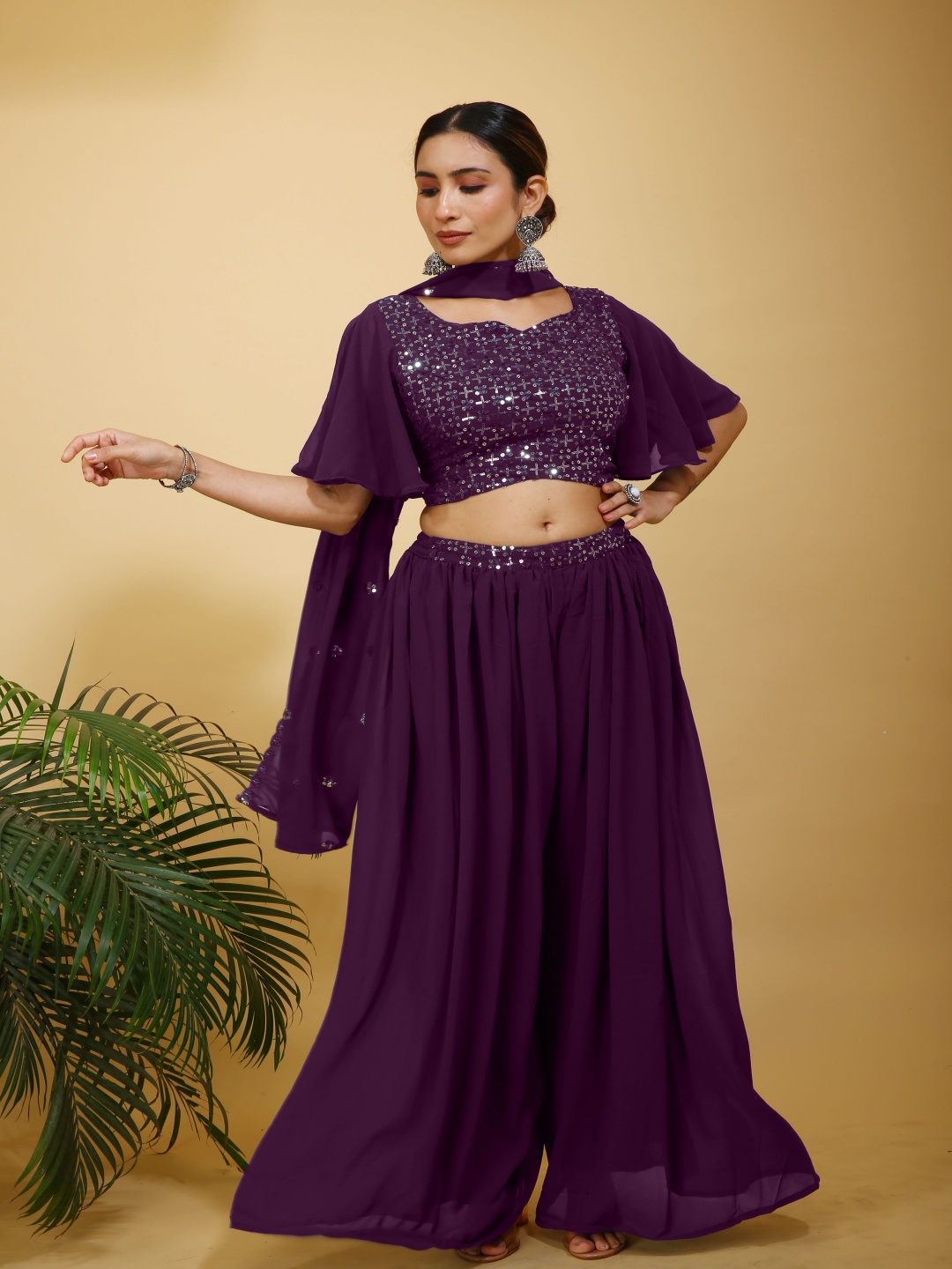 

SANCIA Floral Embroidered Georgette Top With Palazzo & Dupatta, Purple