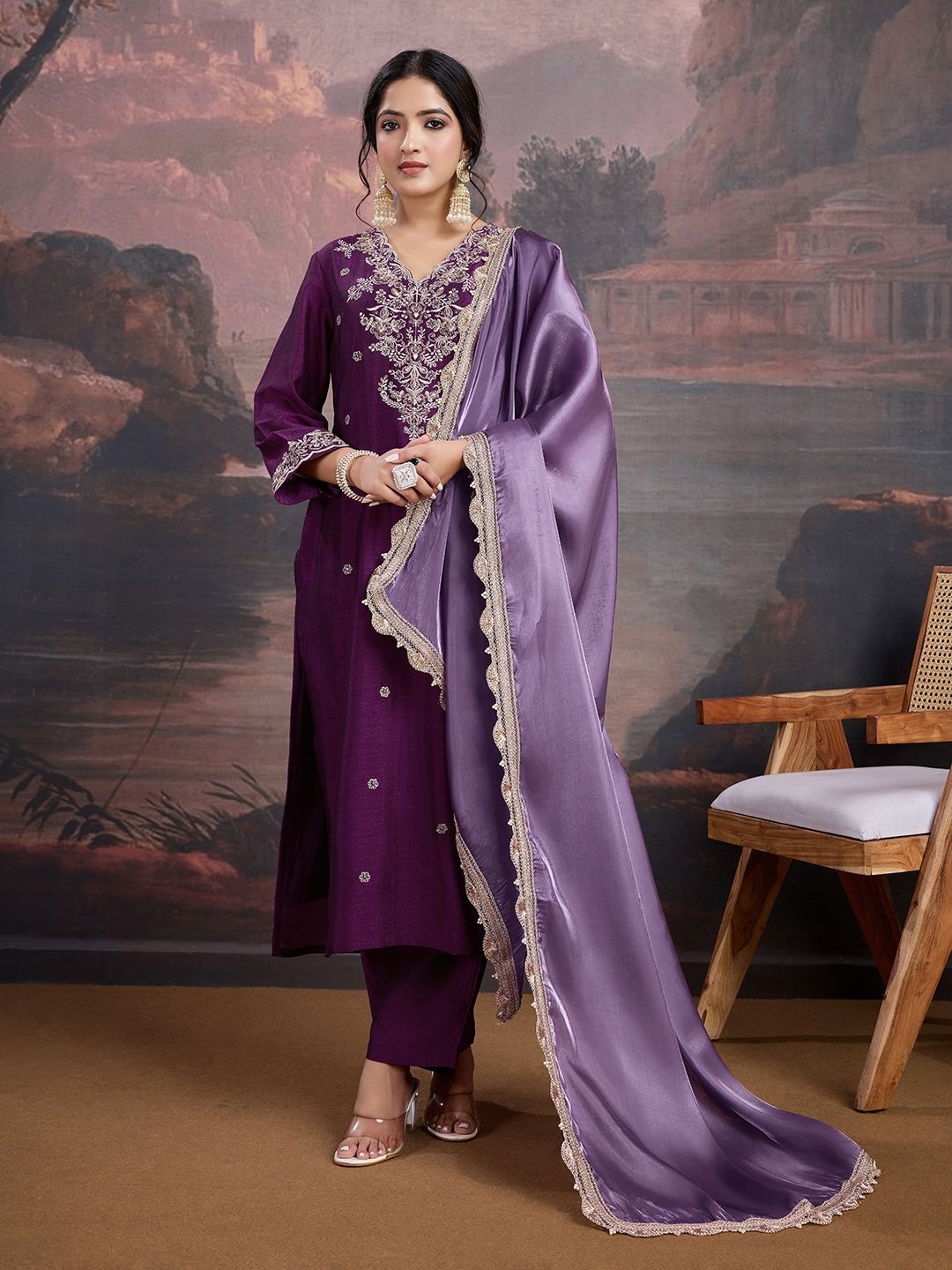 

House of Pataudi Embroidered Straight Kurta & Trouser With Dupatta, Purple