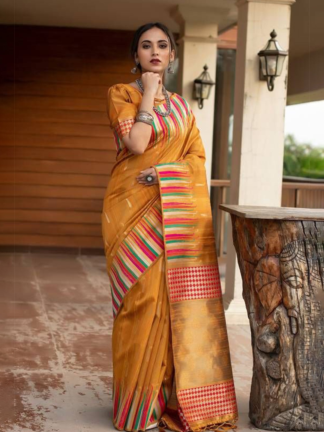 

KAVINDI Woven Design Zari Pure Silk Banarasi Saree, Yellow