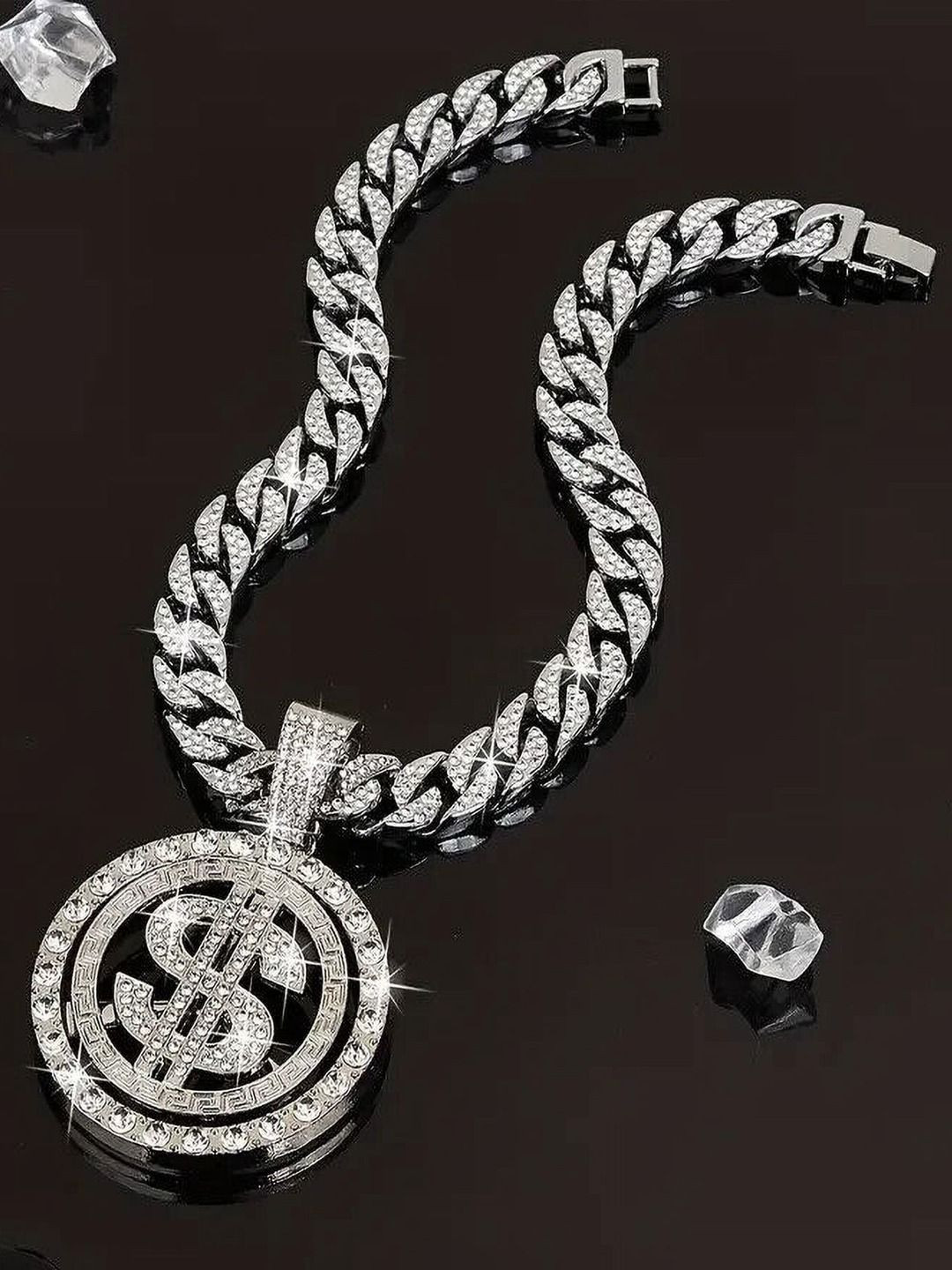 

VAGHBHATT Men Sterling Silver-Plated Cubic Zirconia-Studded Bling Dollar Pendant & Chain