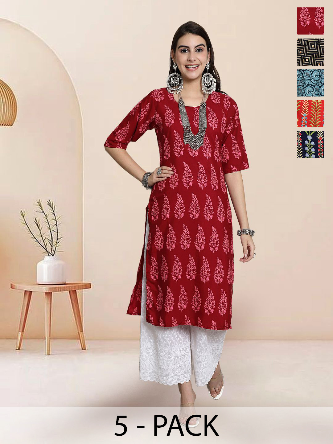 

7Threads Selection Of 5 Floral Printed Straight Kurtas, Red