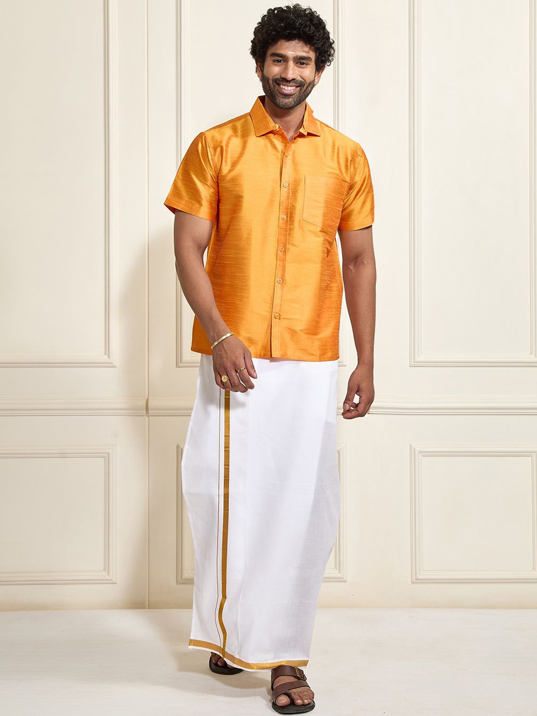 

VASTRAMAY Shirt Collar Shirt With Veshti, Orange