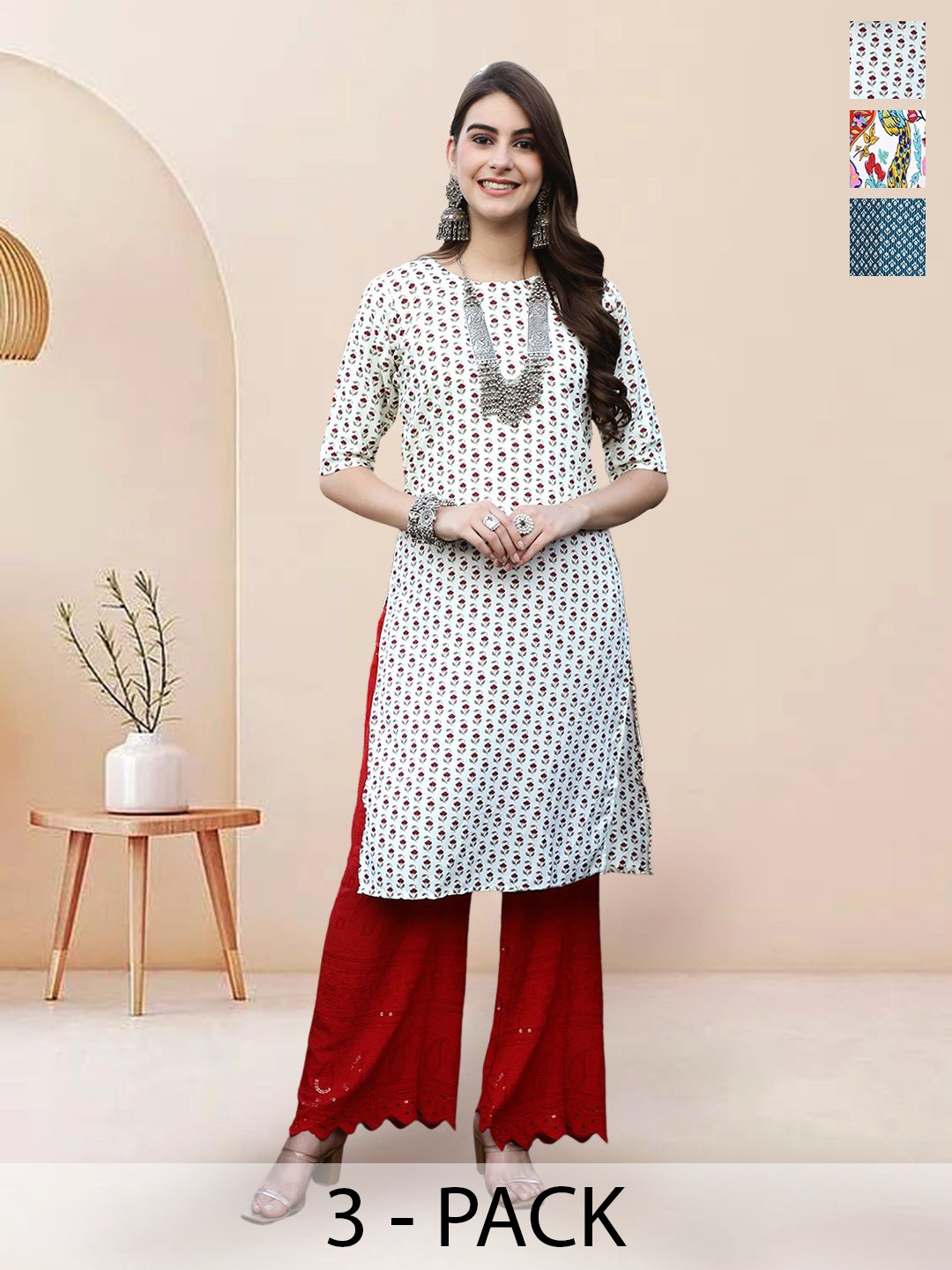 

7Threads Selection of 3 Floral Printed Round Neck Straight Kurtas, White