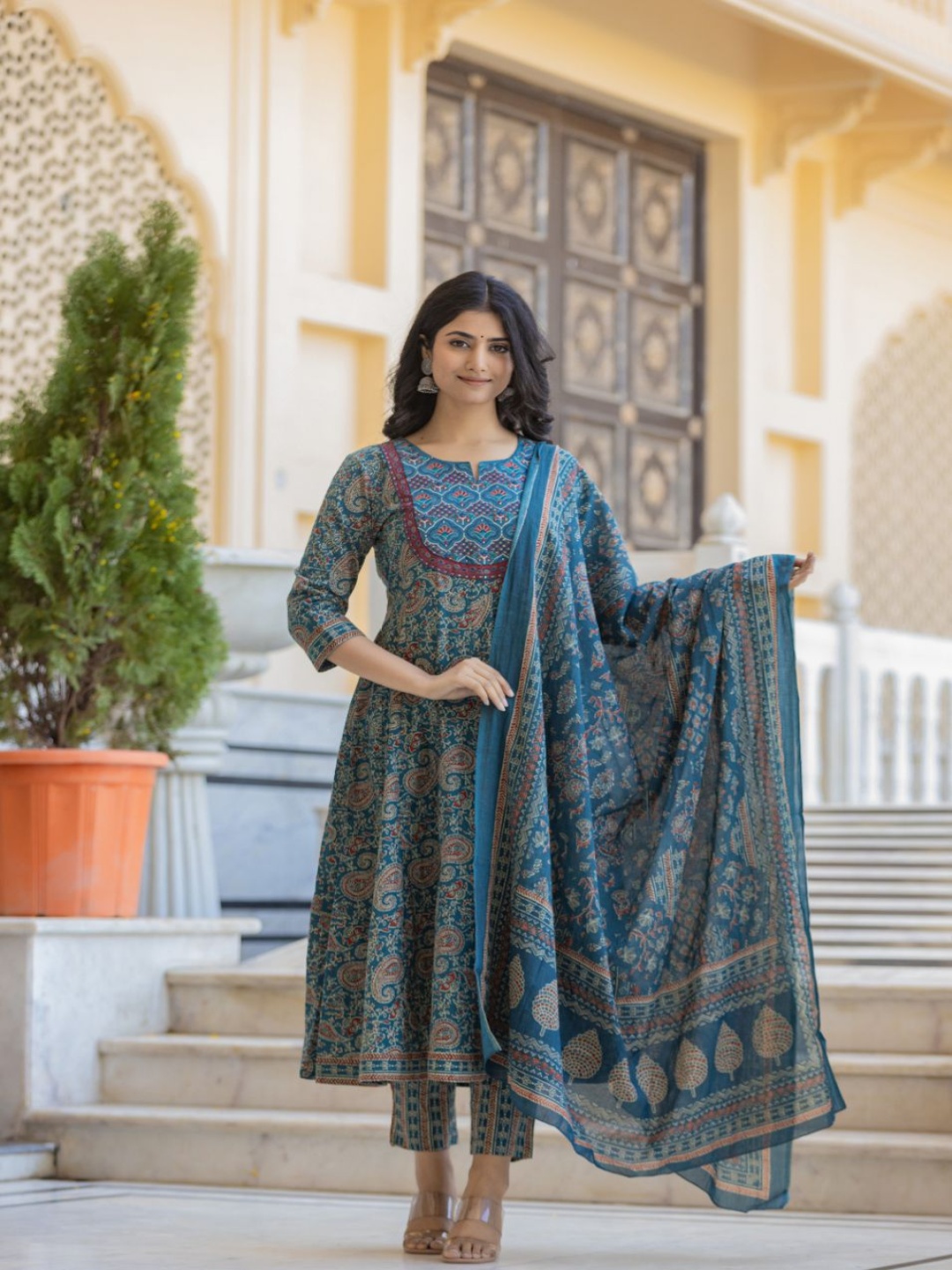 

AARDRAA Paisley Printed Pure Cotton Anarkali Kurta With Trousers & Dupatta, Blue