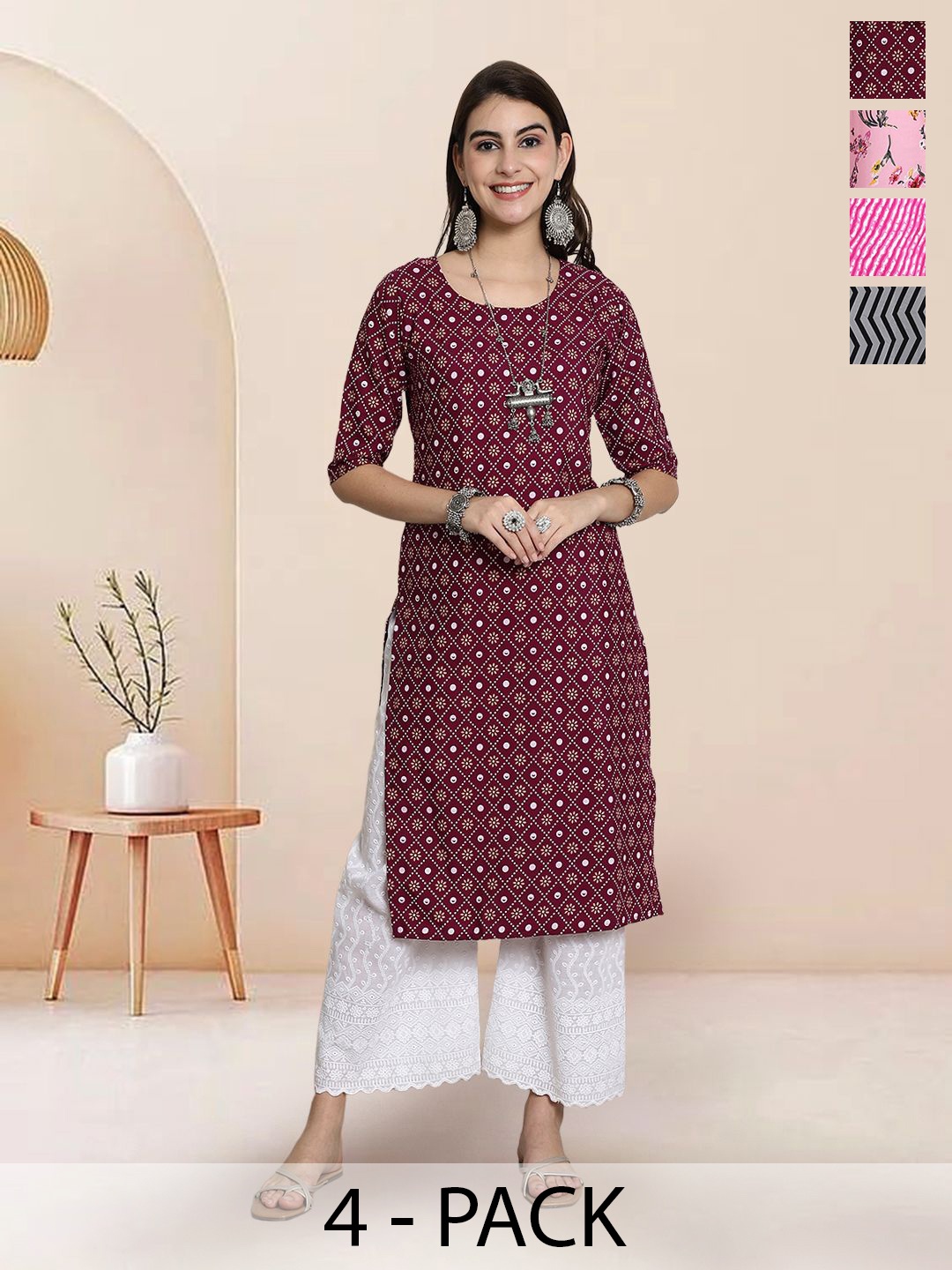 

7Threads Selection Of 4 Ethnic Motifs Printed Round Neck Straight Kurtas, Maroon