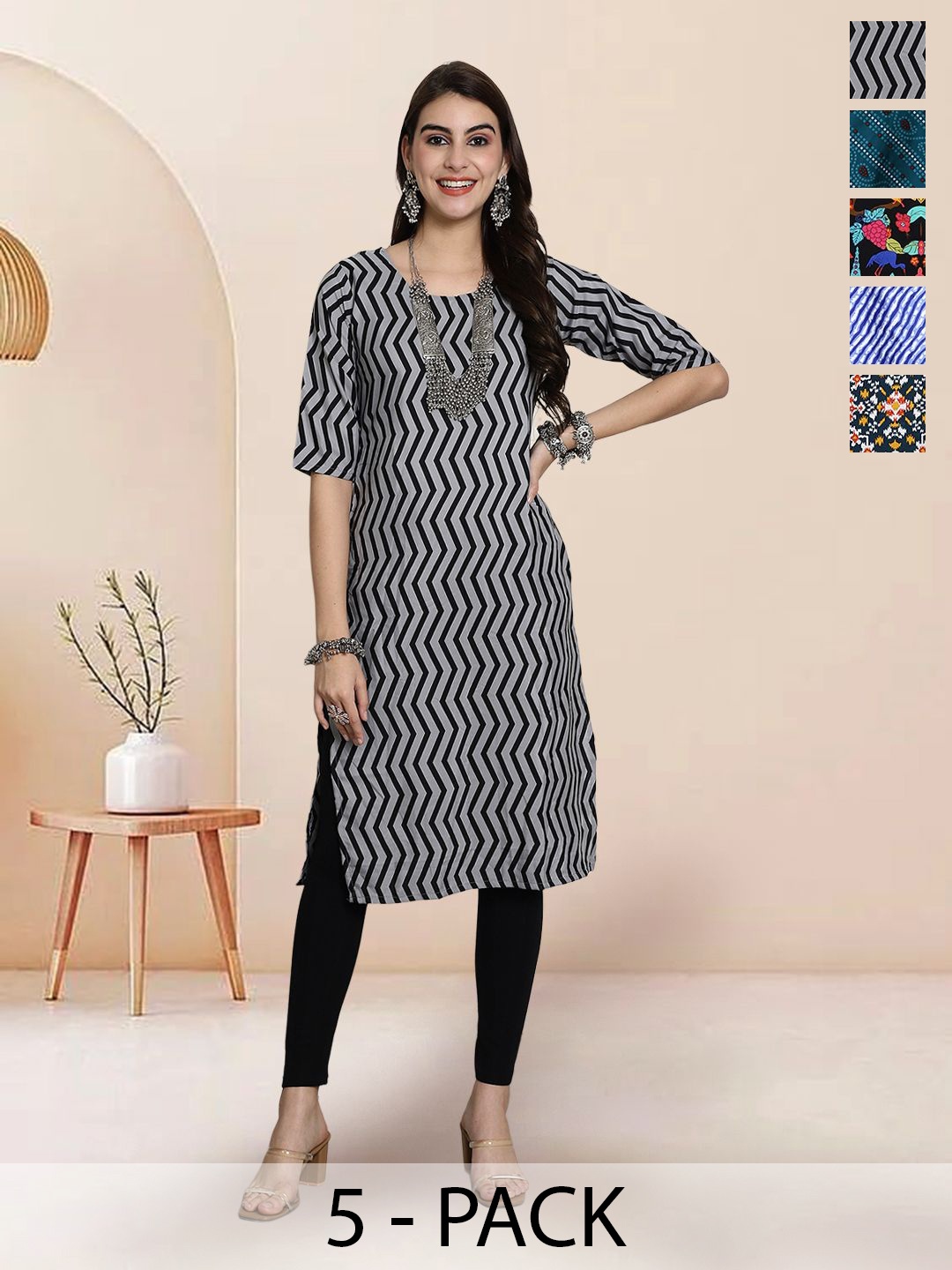 

7Threads Selection of 5 Chevron Printed Round Neck Straight Kurtas, Grey