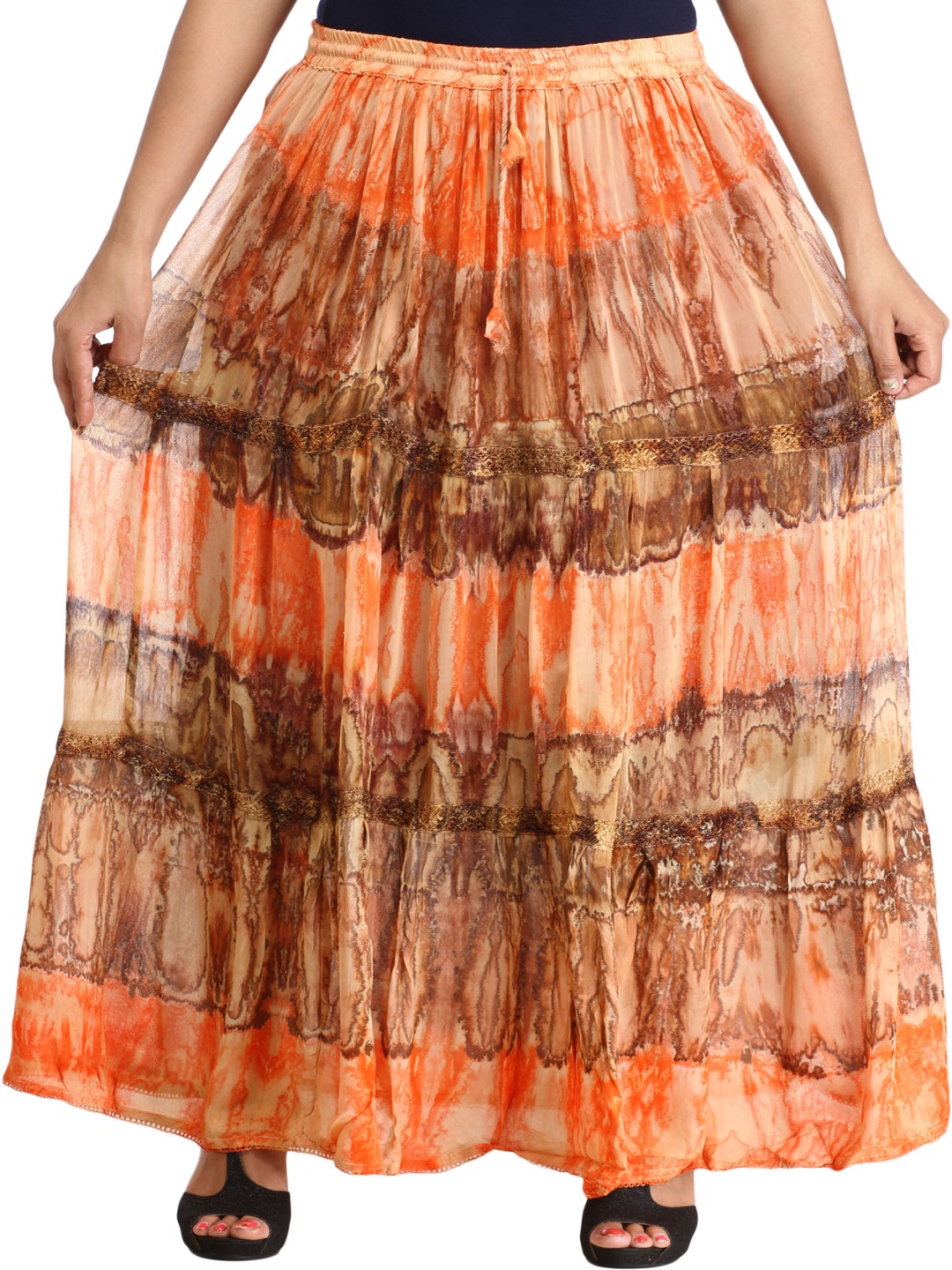 

Exotic India Batik Dyed Maxi Flared Skirt, Orange