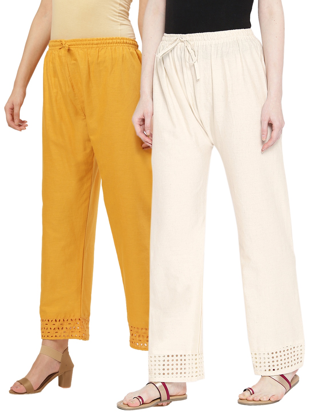 

KALINI Pack Of 2 Cotton Straight Palazzos, Off white