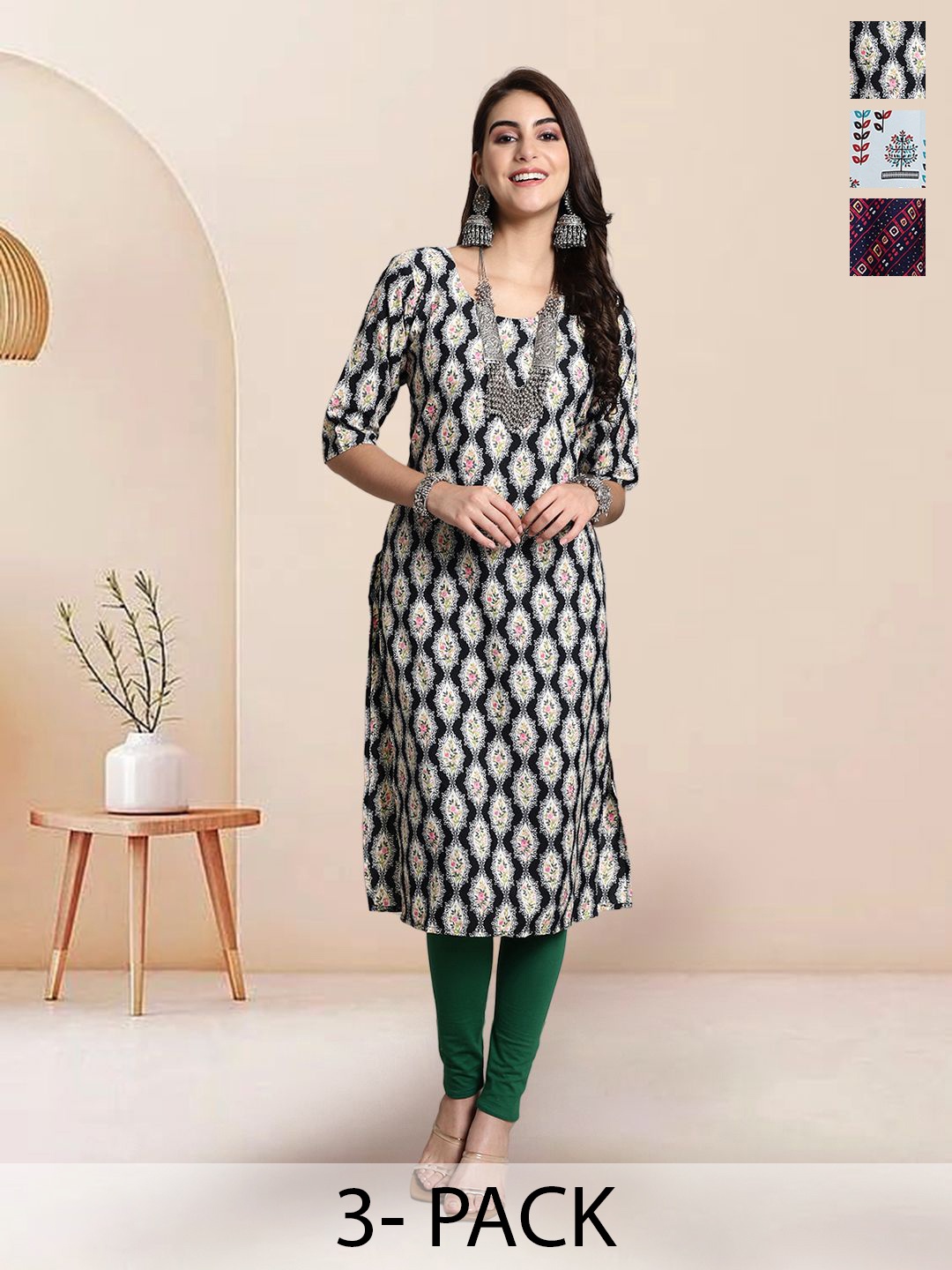 

7Threads Selection Of 3 Ethnic Motifs Printed Round Neck Kurtas, Black