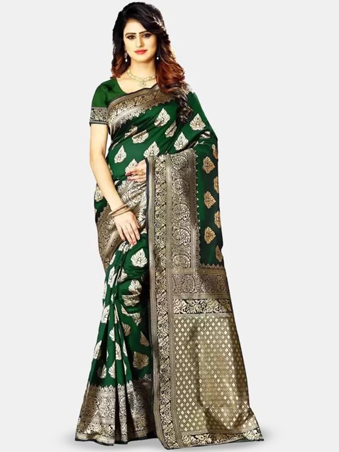 

KALINI Woven Design Zari Pure Silk Kanjeevaram Saree, Green