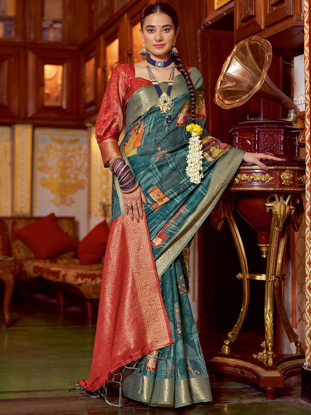 

Mitera Kalamkari Zari Designer Sungudi Saree, Teal