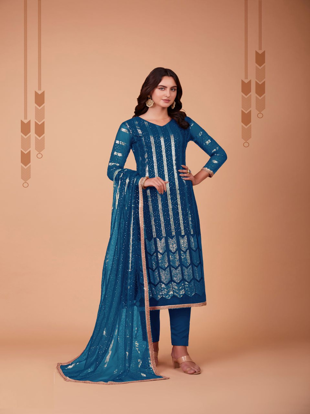 

Fashion Basket Women Sequinned Embroidered Regular Kurta with Trousers & With Dupatta, Blue