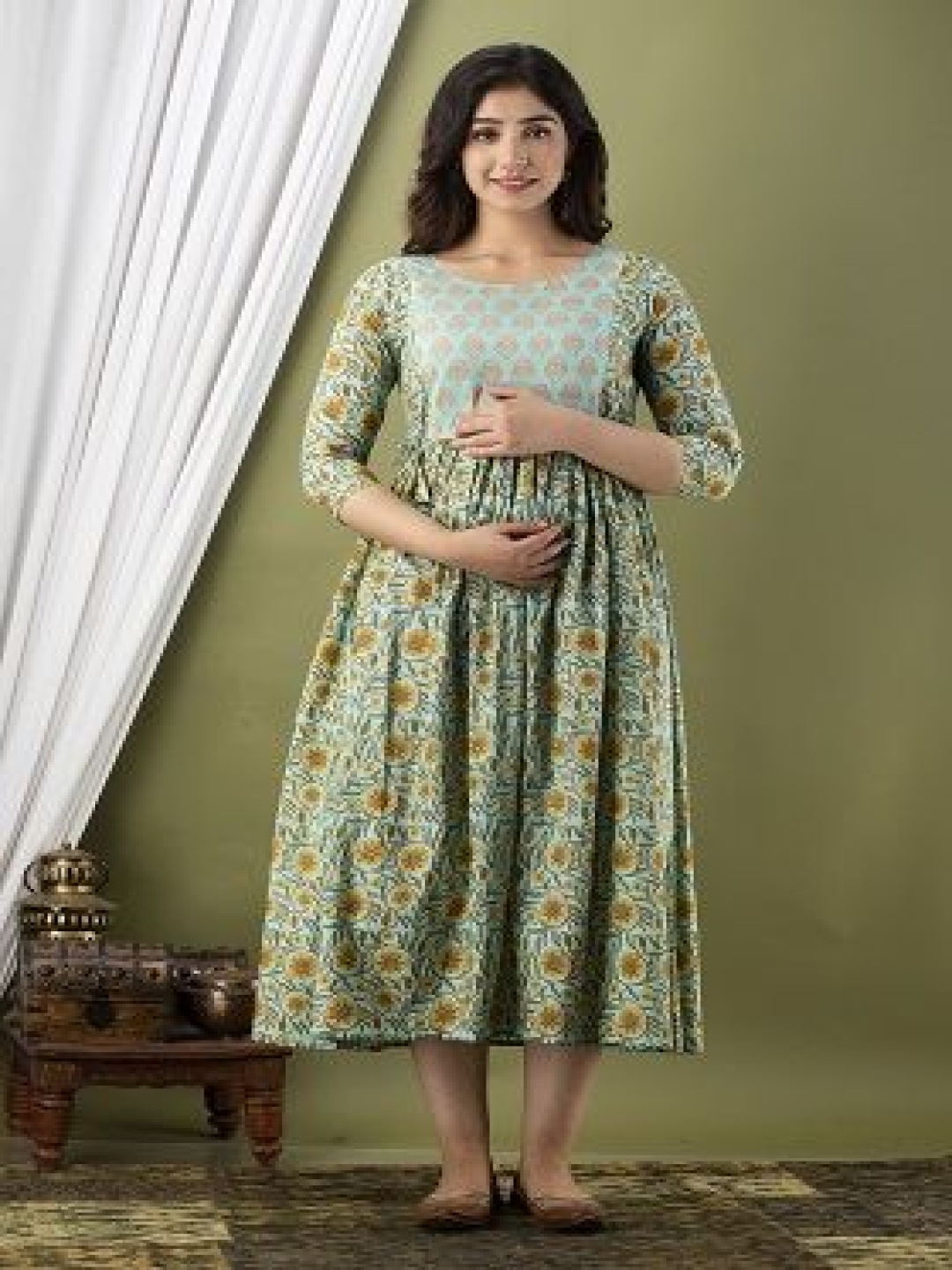 

Nevisha Style Women Floral Printed Thread Work Floral Maternity Anarkali Kurta, Grey