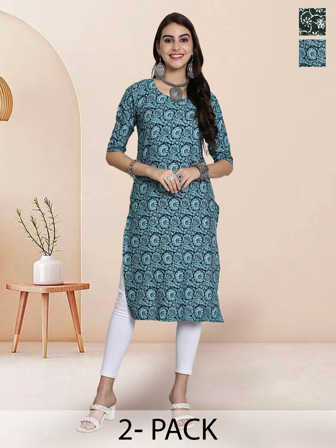 

7Threads Selection of 2 Floral Printed Round Neck Straight Kurtas, Navy blue