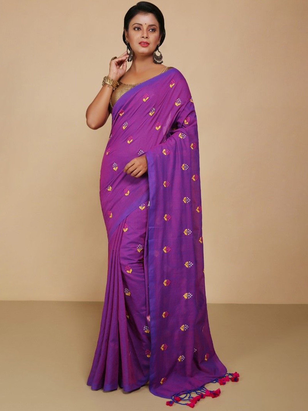 

BENGAL HANDLOOM Floral Embroidered Art Silk Taant Saree, Violet