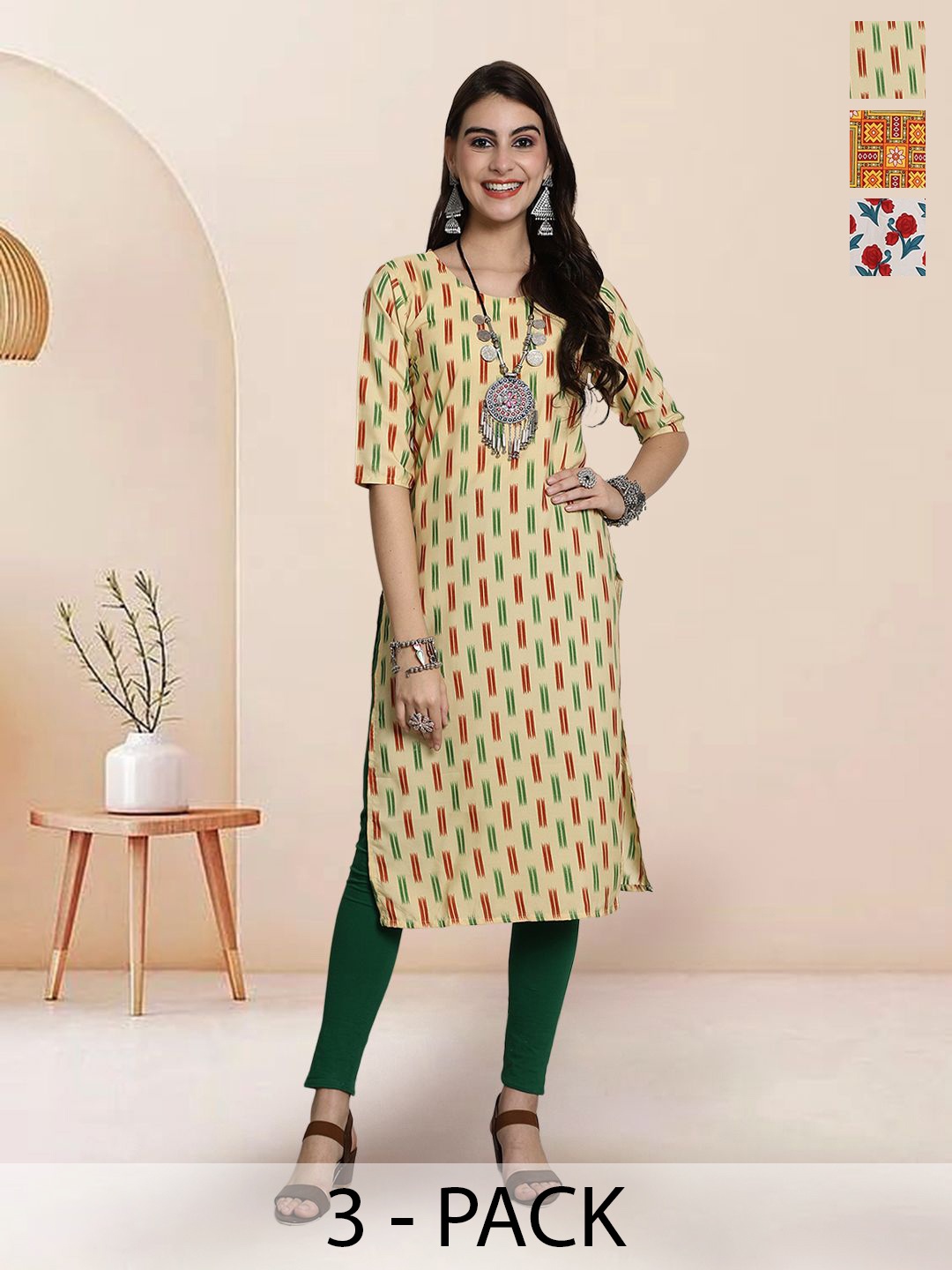 

7Threads Selection Of 3 Ethnic Motifs Printed Round Neck Straight Kurtas, Yellow