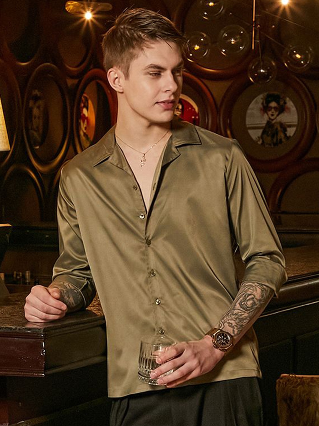 

Campus Sutra Men Comfort Fit Cuban Collar Solid Cotton Casual Shirt, Green