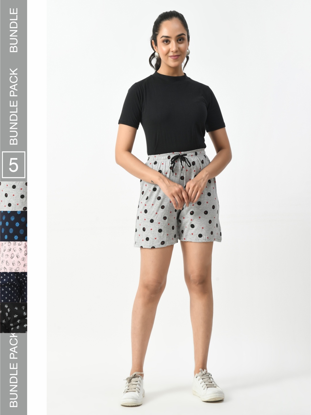 

BAESD Women Pack of 5 Printed High Rise Pure Cotton Shorts, Grey