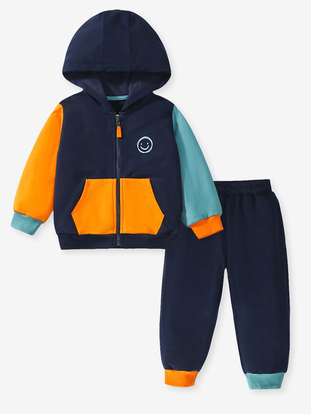 

LULU & SKY Boys Colourblocked Hooded Pure Cotton Sweatshirt With Joggers, Navy blue