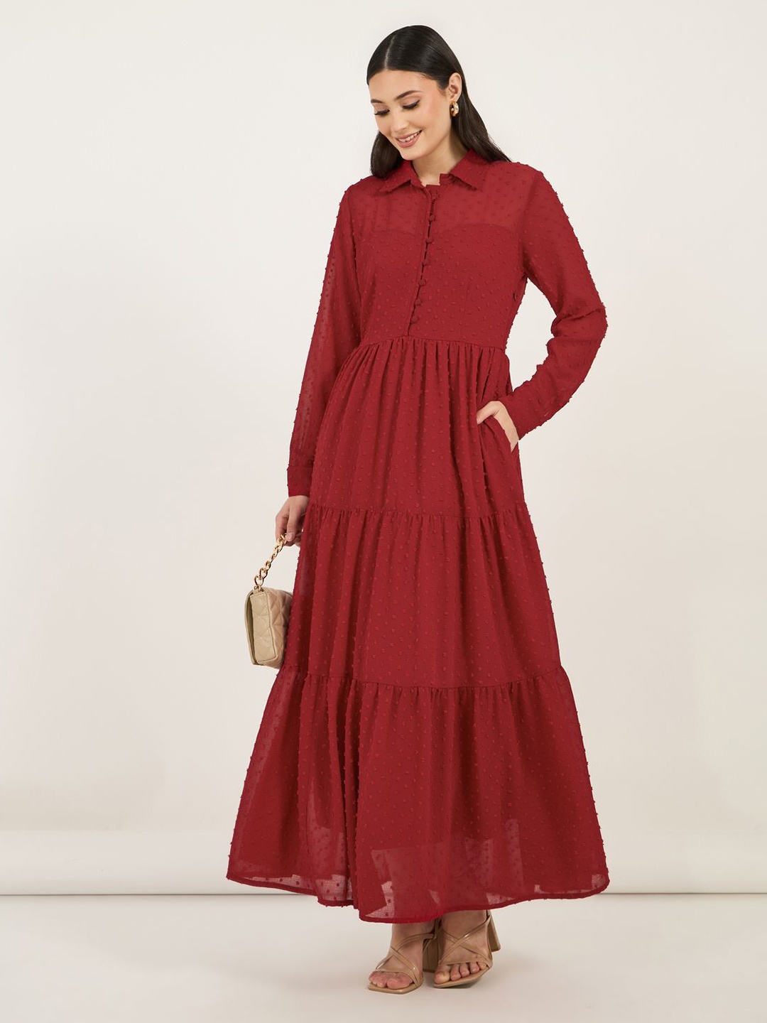 

Styli Women Shirt Collar Long Sleeves Tiered Maxi Dress, Maroon