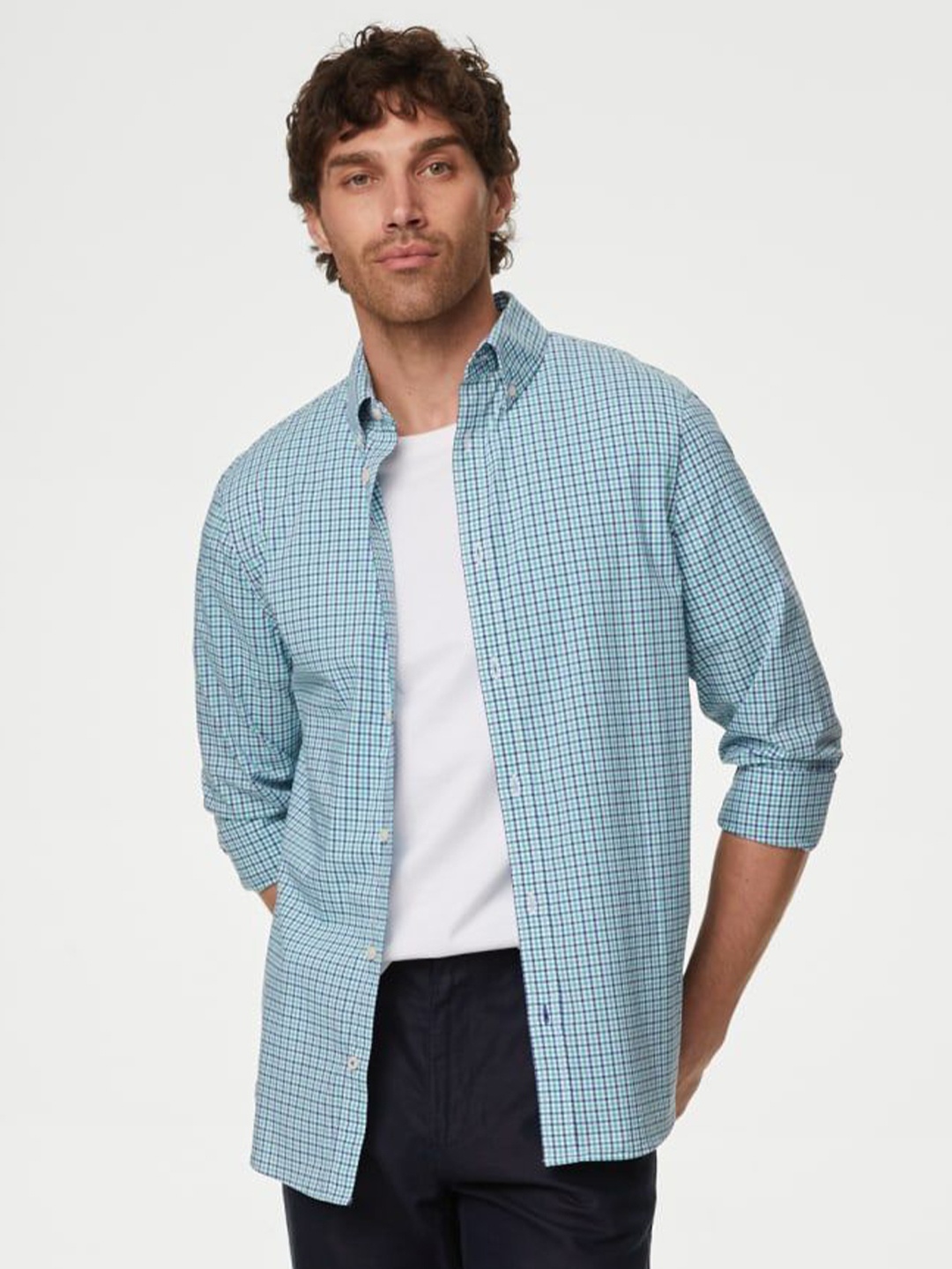

Marks & Spencer Men Button-Down Collar Micro Checked Cotton Casual Shirt, Blue